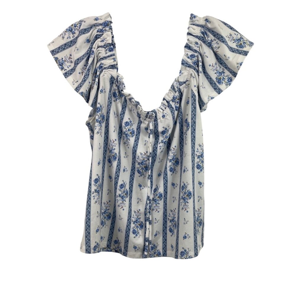 Willow Root Blue & White Floral Striped Ruffle Sleeve Blouse Womens Size Large